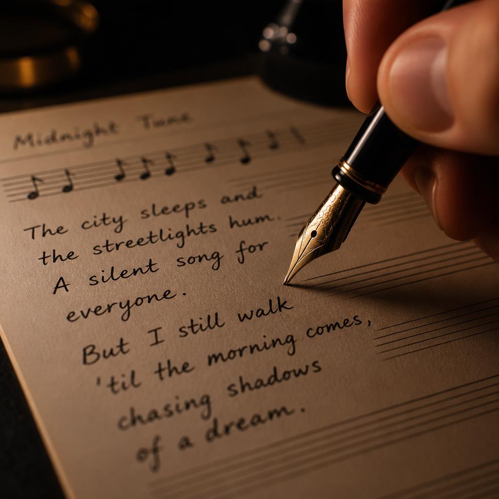 Pluma escribiendo la letra de una canción sobre una partitura